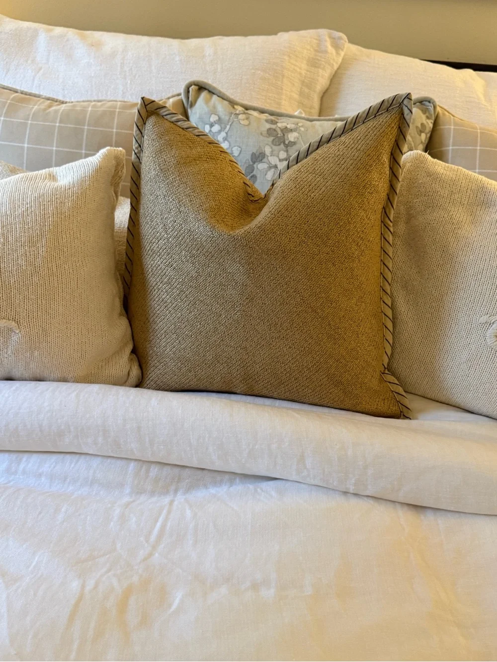 Ralph Lauren Lara crest knit pillows Ivory and stripe edge raffia pillow bundle